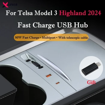 80 Вт Быстрая Зарядка USB-Концентратор для Tesla Model 3 Highland 2024 Многопортовый Адаптер USB-Концентратор Док-Станция для Центральной Консоли Model 3