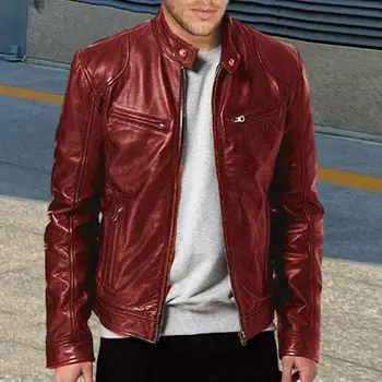 Мужское мотоциклетное пальто из искусственной кожи, ветрозащитное пальто, воротник-стойка, карманы на молнии, гладкая мужская осенне-весенняя куртка средней длины