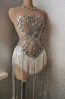 Серебристо-серое платье Миди с бахромой, камни, Чистая пряжа, платья с кисточками, Женское праздничное платье на день рождения, сценический костюм певицы