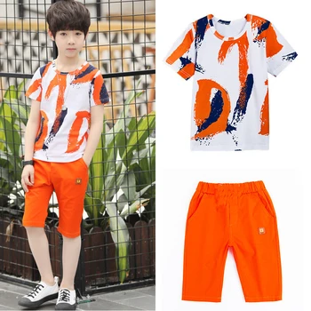 Хлопчатобумажная спортивная летняя футболка для маленьких мальчиков, рубашки, брюки, комплект одежды из 2 предметов, детская одежда с принтом, повседневный спортивный костюм на 3-12 лет