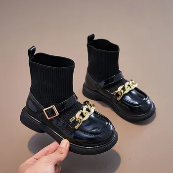 2023, весна-осень, новые модные детские ботинки с цепочками, черные мягкие короткие ботинки для девочек, прямая поставка, детские повседневные ботинки, простые